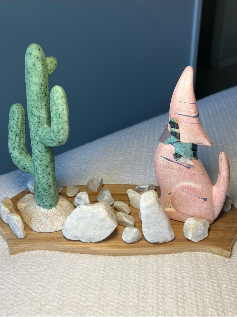 Southwestern Ceramic Cactus & Pink Gnome Figurines on Wood Base